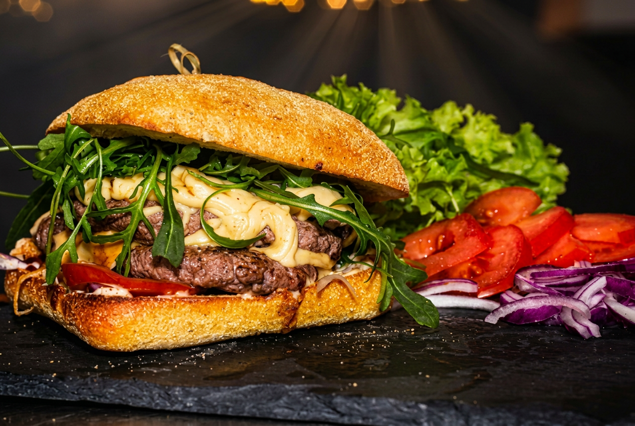 Le burger signature de Burgertimes : pain de boulangerie, viande 100% bœuf, crudités fraîches et sauce maison